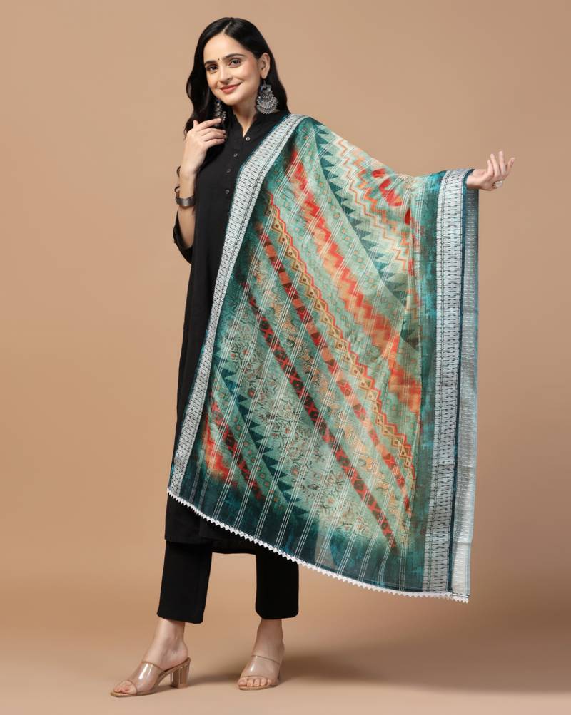 Digital Ethnic Motif Print Chanderi Cotton Crochet Work Regular Dupatta Wear on Kurti For Women and Girls