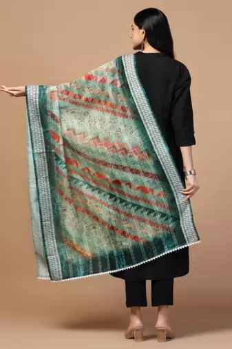 Digital Ethnic Motif Print Chanderi Cotton Crochet Work Regular Dupatta Wear on Kurti For Women and Girls