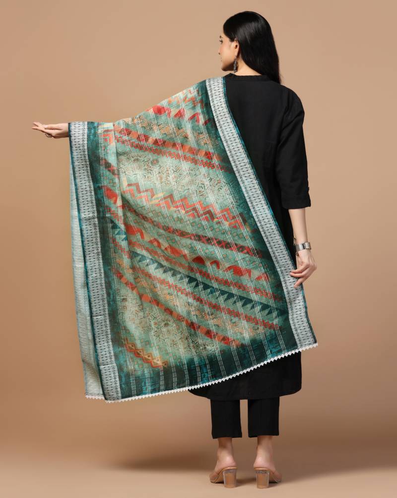 Digital Ethnic Motif Print Chanderi Cotton Crochet Work Regular Dupatta Wear on Kurti For Women and Girls