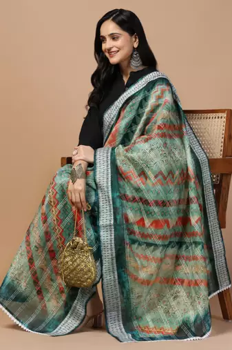 Digital Ethnic Motif Print Chanderi Cotton Crochet Work Regular Dupatta Wear on Kurti For Women and Girls