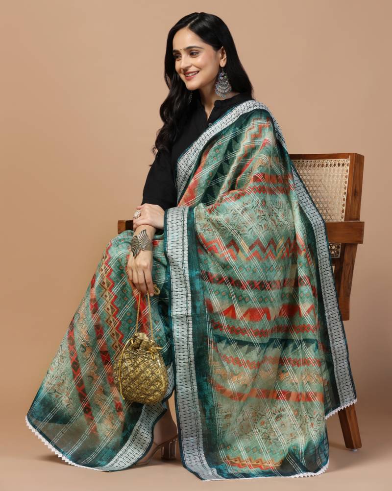 Digital Ethnic Motif Print Chanderi Cotton Crochet Work Regular Dupatta Wear on Kurti For Women and Girls