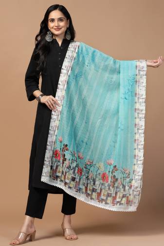Digital Ethnic Motif Print Chanderi Cotton Crochet Work Regular Dupatta Wear on Kurti For Women and Girls