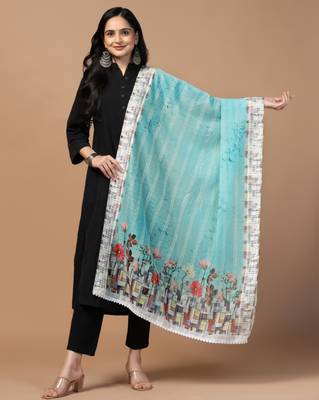 Digital Ethnic Motif Print Chanderi Cotton Crochet Work Regular Dupatta Wear on Kurti For Women and Girls 1