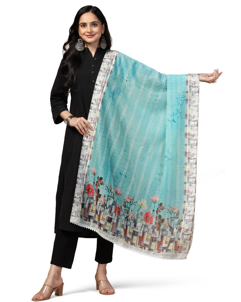 Digital Ethnic Motif Print Chanderi Cotton Crochet Work Regular Dupatta Wear on Kurti For Women and Girls