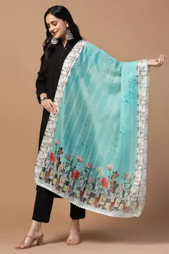 Digital Ethnic Motif Print Chanderi Cotton Crochet Work Regular Dupatta Wear on Kurti For Women and Girls