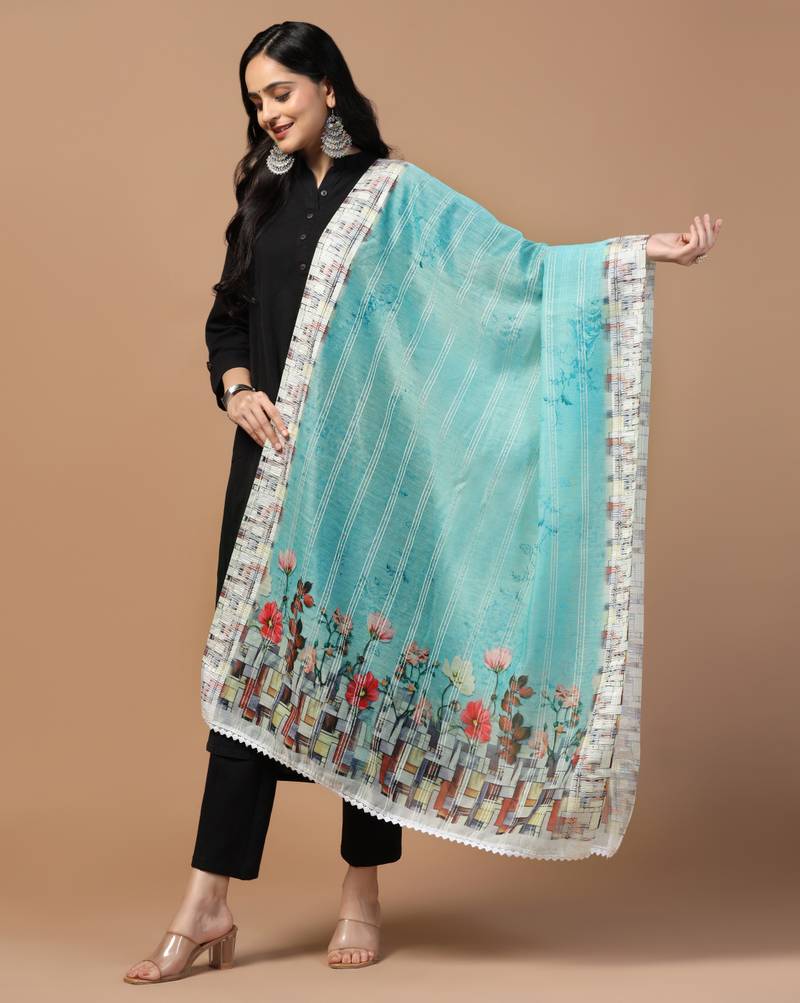 Digital Ethnic Motif Print Chanderi Cotton Crochet Work Regular Dupatta Wear on Kurti For Women and Girls