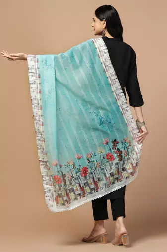 Digital Ethnic Motif Print Chanderi Cotton Crochet Work Regular Dupatta Wear on Kurti For Women and Girls