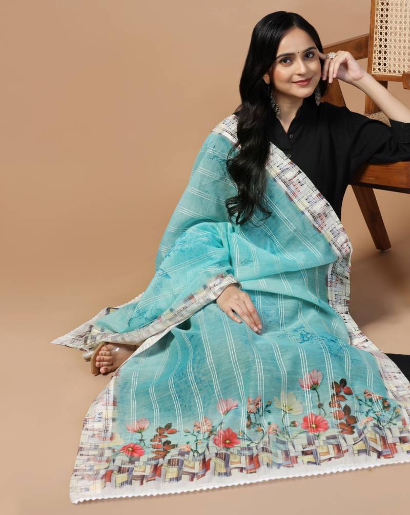 Digital Ethnic Motif Print Chanderi Cotton Crochet Work Regular Dupatta Wear on Kurti For Women and Girls