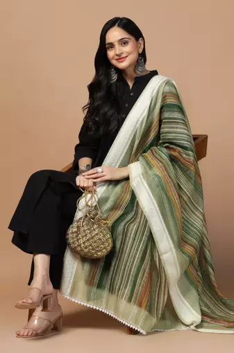 Digital Ethnic Motif Print Chanderi Cotton Crochet Work Regular Dupatta Wear on Kurti For Women and Girls