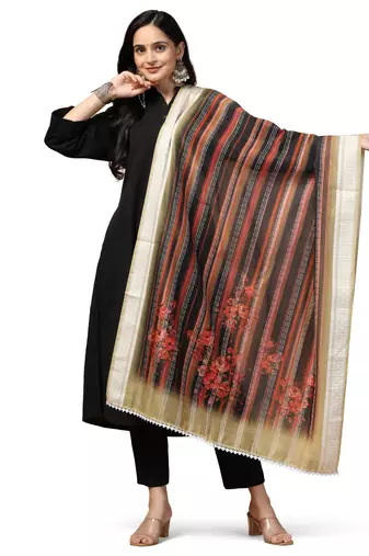 Digital Ethnic Motif Print Chanderi Cotton Crochet Work Regular Dupatta Wear on Kurti For Women and Girls