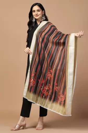 Digital Ethnic Motif Print Chanderi Cotton Crochet Work Regular Dupatta Wear on Kurti For Women and Girls