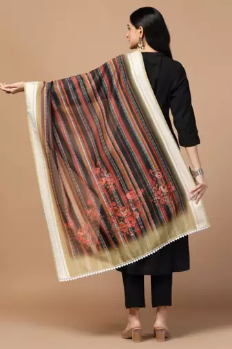 Digital Ethnic Motif Print Chanderi Cotton Crochet Work Regular Dupatta Wear on Kurti For Women and Girls