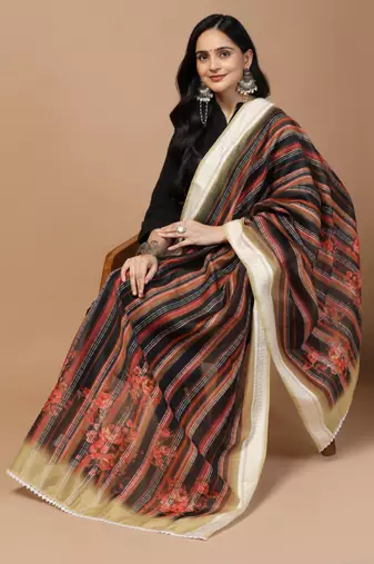 Digital Ethnic Motif Print Chanderi Cotton Crochet Work Regular Dupatta Wear on Kurti For Women and Girls
