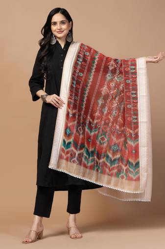 Digital Ethnic Motif Print Chanderi Cotton Crochet Work Regular Dupatta Wear on Kurti For Women and Girls