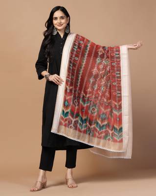 Digital Ethnic Motif Print Chanderi Cotton Crochet Work Regular Dupatta Wear on Kurti For Women and Girls 1