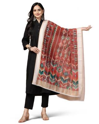 Digital Ethnic Motif Print Chanderi Cotton Crochet Work Regular Dupatta Wear on Kurti For Women and Girls 2
