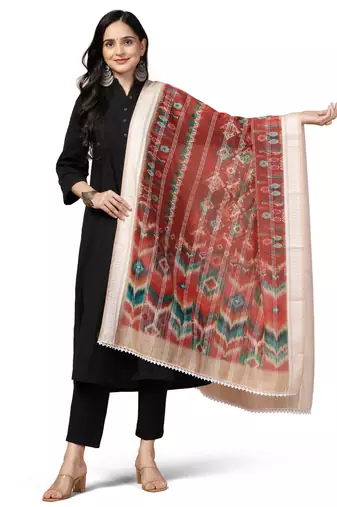 Digital Ethnic Motif Print Chanderi Cotton Crochet Work Regular Dupatta Wear on Kurti For Women and Girls