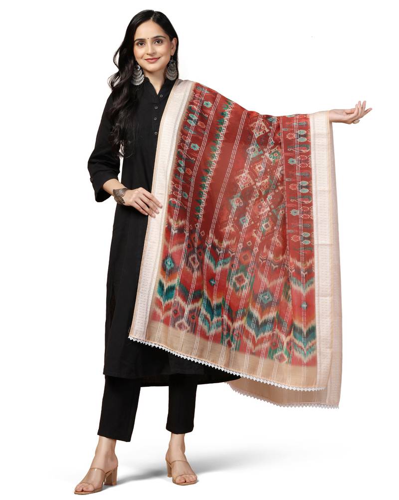 Digital Ethnic Motif Print Chanderi Cotton Crochet Work Regular Dupatta Wear on Kurti For Women and Girls