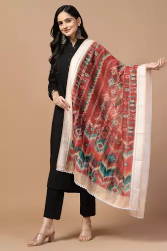 Digital Ethnic Motif Print Chanderi Cotton Crochet Work Regular Dupatta Wear on Kurti For Women and Girls