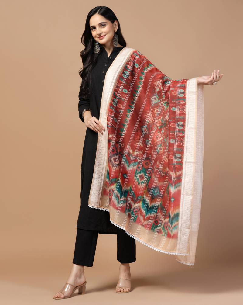 Digital Ethnic Motif Print Chanderi Cotton Crochet Work Regular Dupatta Wear on Kurti For Women and Girls