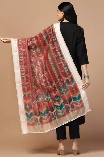Digital Ethnic Motif Print Chanderi Cotton Crochet Work Regular Dupatta Wear on Kurti For Women and Girls