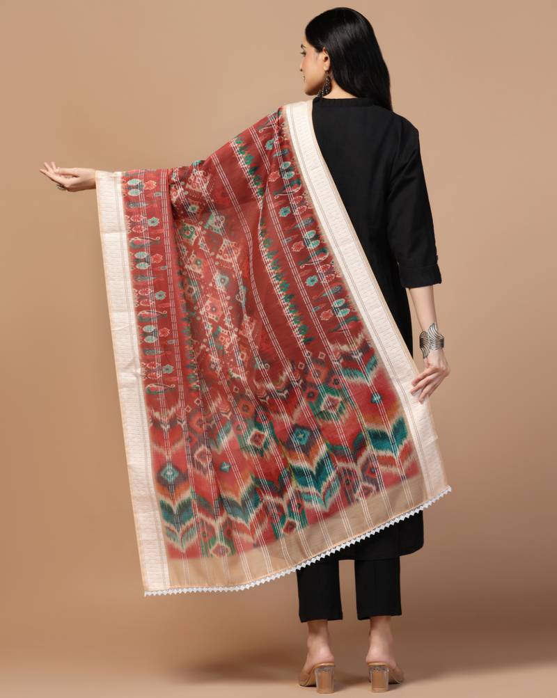 Digital Ethnic Motif Print Chanderi Cotton Crochet Work Regular Dupatta Wear on Kurti For Women and Girls