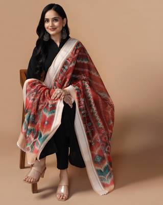 Digital Ethnic Motif Print Chanderi Cotton Crochet Work Regular Dupatta Wear on Kurti For Women and Girls 6