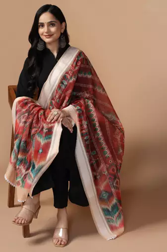 Digital Ethnic Motif Print Chanderi Cotton Crochet Work Regular Dupatta Wear on Kurti For Women and Girls