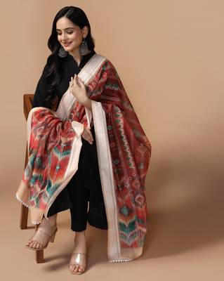 Digital Ethnic Motif Print Chanderi Cotton Crochet Work Regular Dupatta Wear on Kurti For Women and Girls 7