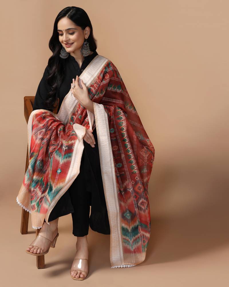 Digital Ethnic Motif Print Chanderi Cotton Crochet Work Regular Dupatta Wear on Kurti For Women and Girls