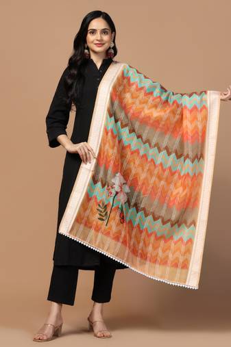 Digital Ethnic Motif Print Chanderi Cotton Crochet Work Regular Dupatta Wear on Kurti For Women and Girls