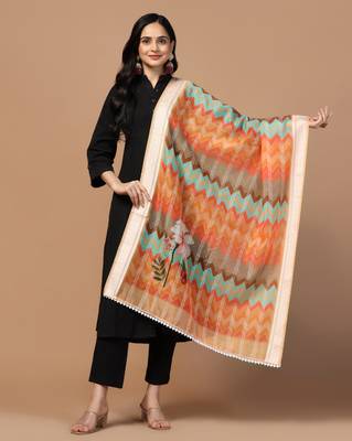 Digital Ethnic Motif Print Chanderi Cotton Crochet Work Regular Dupatta Wear on Kurti For Women and Girls 1