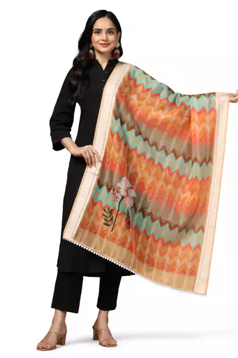 Digital Ethnic Motif Print Chanderi Cotton Crochet Work Regular Dupatta Wear on Kurti For Women and Girls