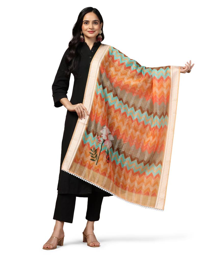 Digital Ethnic Motif Print Chanderi Cotton Crochet Work Regular Dupatta Wear on Kurti For Women and Girls