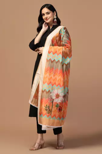 Digital Ethnic Motif Print Chanderi Cotton Crochet Work Regular Dupatta Wear on Kurti For Women and Girls
