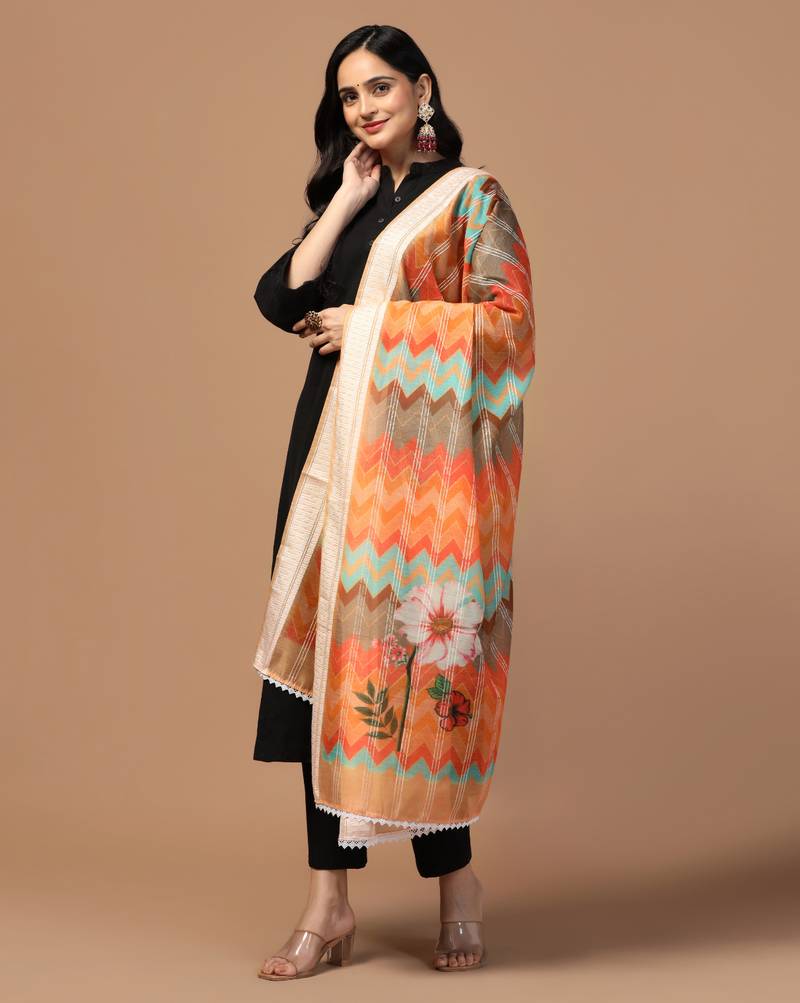 Digital Ethnic Motif Print Chanderi Cotton Crochet Work Regular Dupatta Wear on Kurti For Women and Girls
