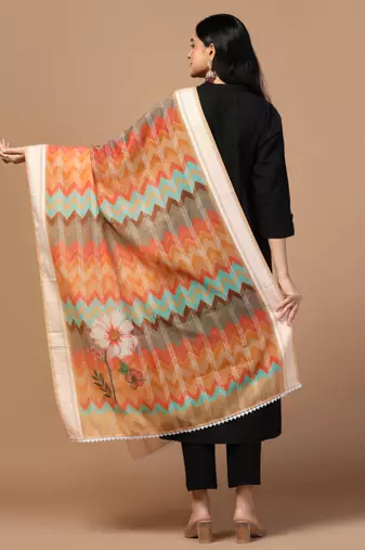 Digital Ethnic Motif Print Chanderi Cotton Crochet Work Regular Dupatta Wear on Kurti For Women and Girls