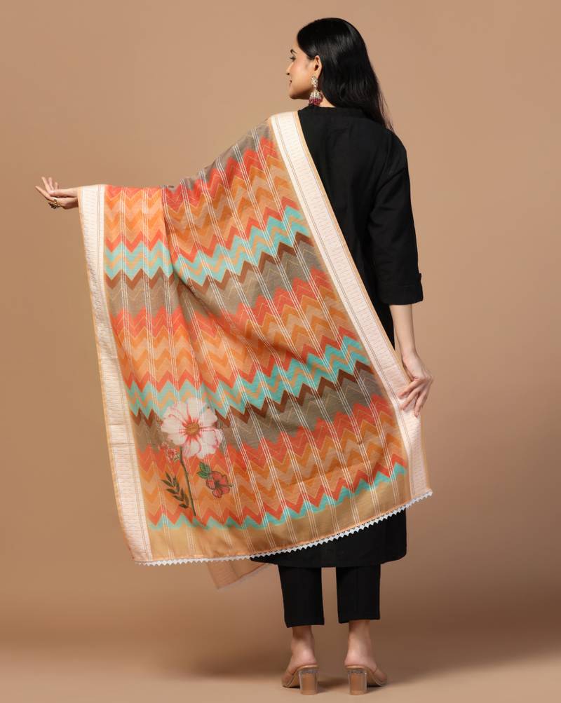 Digital Ethnic Motif Print Chanderi Cotton Crochet Work Regular Dupatta Wear on Kurti For Women and Girls