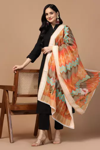 Digital Ethnic Motif Print Chanderi Cotton Crochet Work Regular Dupatta Wear on Kurti For Women and Girls