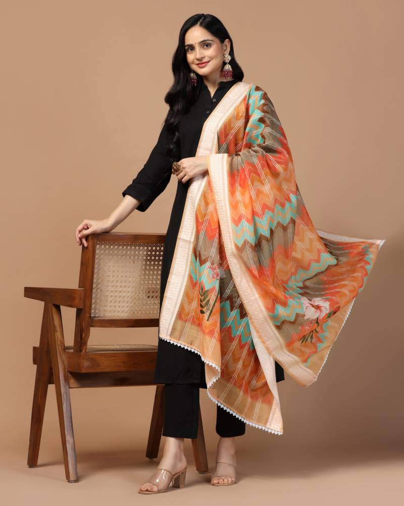 Digital Ethnic Motif Print Chanderi Cotton Crochet Work Regular Dupatta Wear on Kurti For Women and Girls