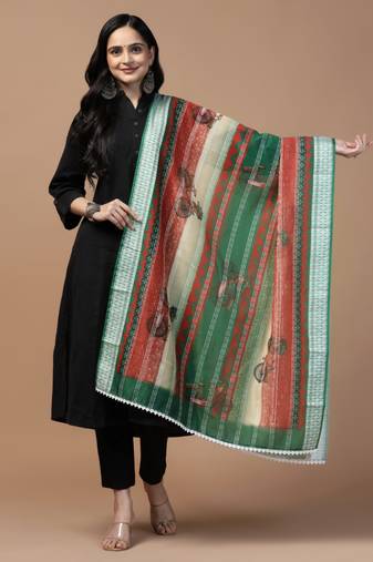Digital Ethnic Motif Print Chanderi Cotton Crochet Work Regular Dupatta Wear on Kurti For Women and Girls
