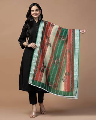 Digital Ethnic Motif Print Chanderi Cotton Crochet Work Regular Dupatta Wear on Kurti For Women and Girls 1
