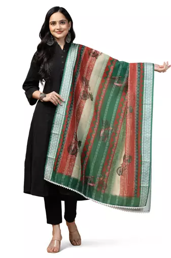 Digital Ethnic Motif Print Chanderi Cotton Crochet Work Regular Dupatta Wear on Kurti For Women and Girls