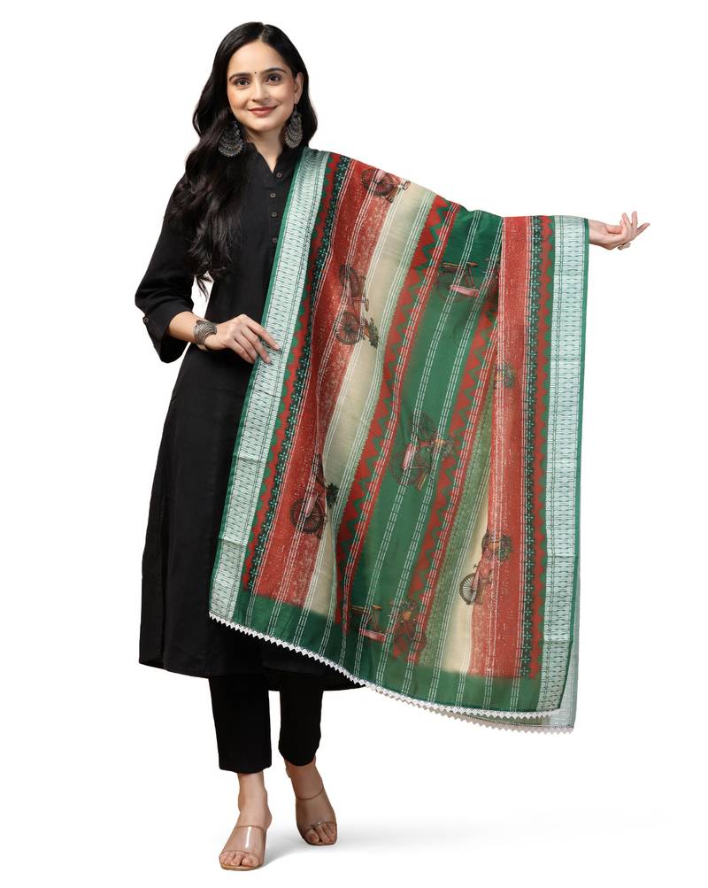 Digital Ethnic Motif Print Chanderi Cotton Crochet Work Regular Dupatta Wear on Kurti For Women and Girls