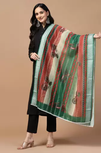 Digital Ethnic Motif Print Chanderi Cotton Crochet Work Regular Dupatta Wear on Kurti For Women and Girls