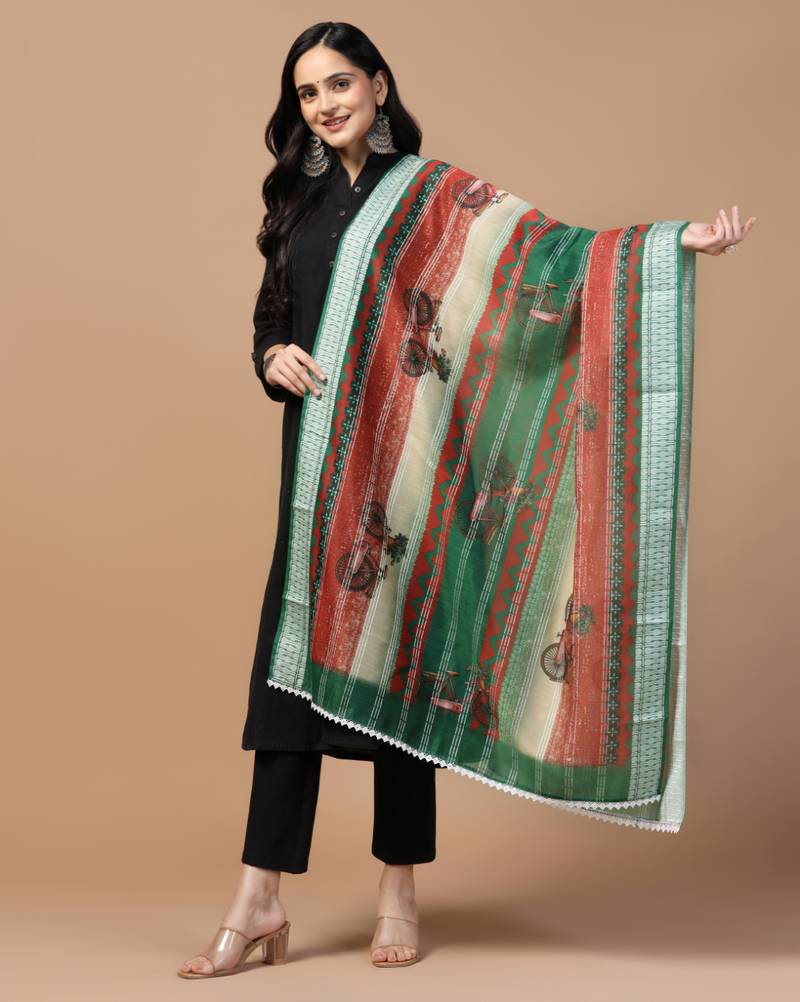 Digital Ethnic Motif Print Chanderi Cotton Crochet Work Regular Dupatta Wear on Kurti For Women and Girls