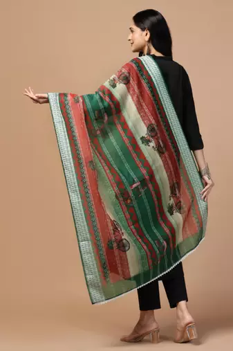 Digital Ethnic Motif Print Chanderi Cotton Crochet Work Regular Dupatta Wear on Kurti For Women and Girls