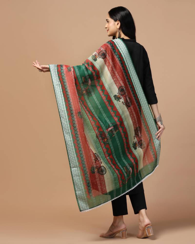 Digital Ethnic Motif Print Chanderi Cotton Crochet Work Regular Dupatta Wear on Kurti For Women and Girls