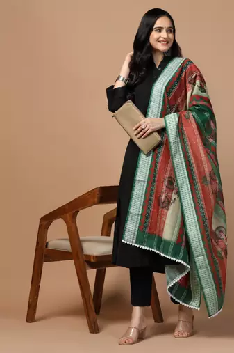 Digital Ethnic Motif Print Chanderi Cotton Crochet Work Regular Dupatta Wear on Kurti For Women and Girls