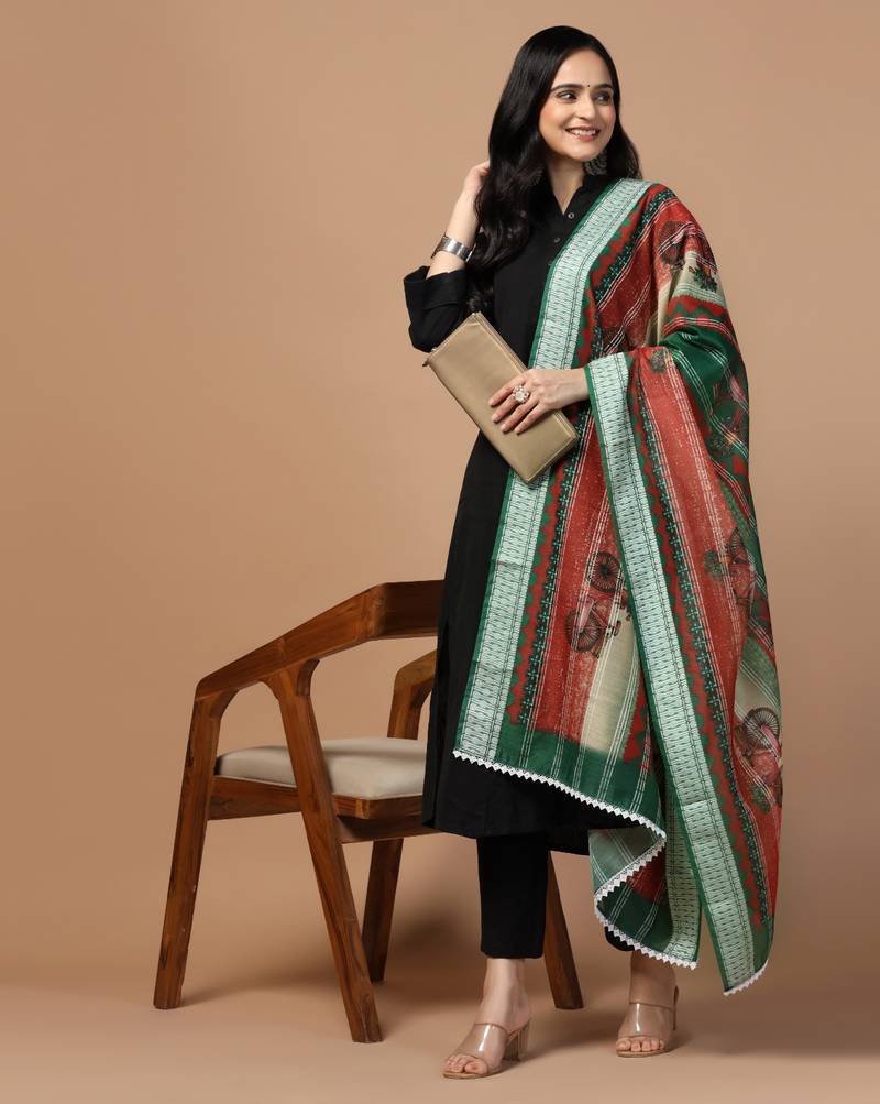 Digital Ethnic Motif Print Chanderi Cotton Crochet Work Regular Dupatta Wear on Kurti For Women and Girls